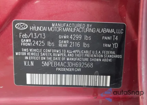 2013 Hyundai Sonata Gls из США, поврежденный, VIN 5NPEB4AC3DH692568